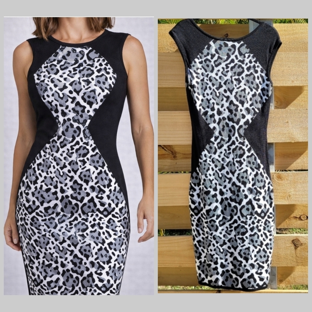 JAX Women’s Black White Knit Midi Dress Sleeveless Bodycon Size Large